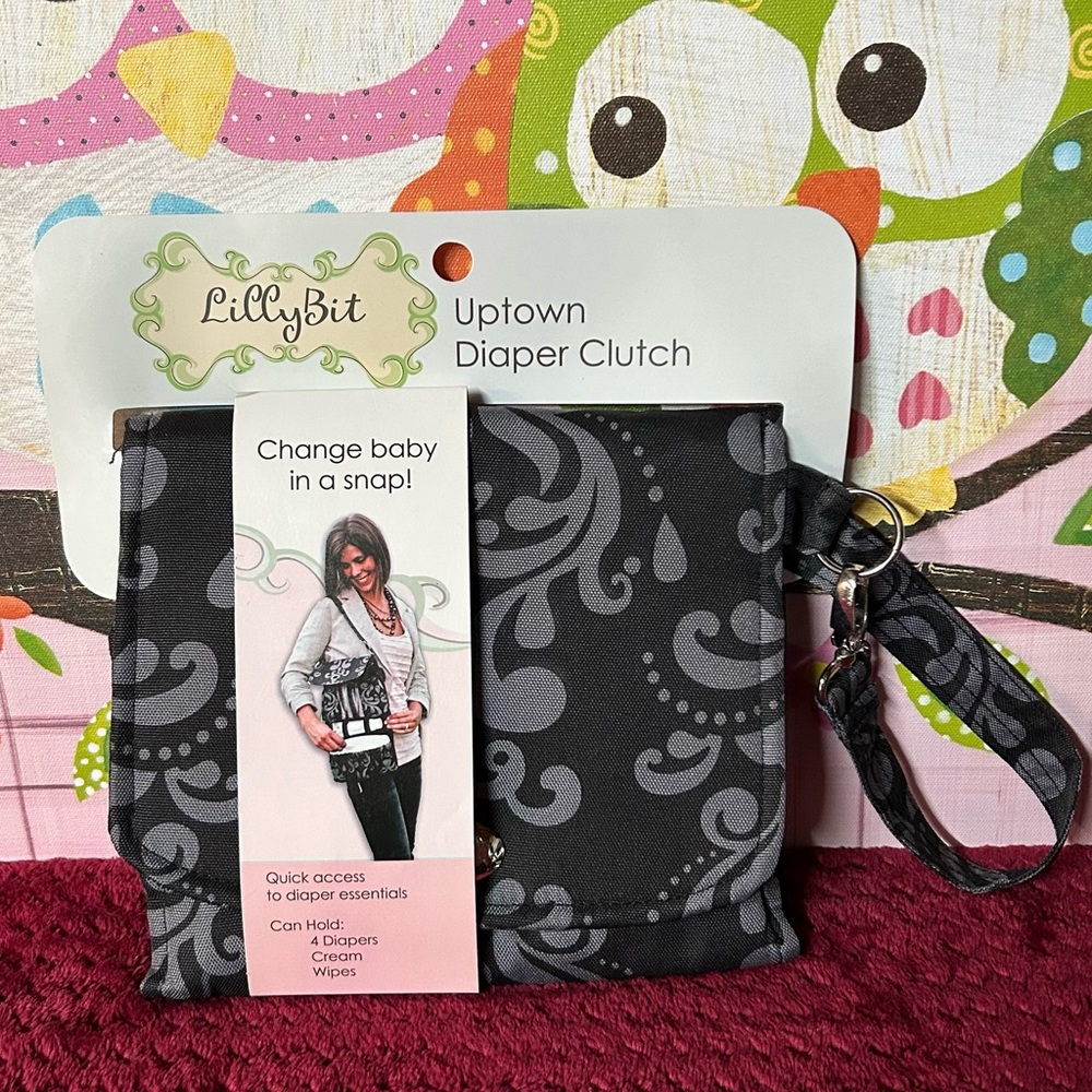 Lilly Bit Uptown Diaper Clutch, new in packaging, Gray Damask fabric